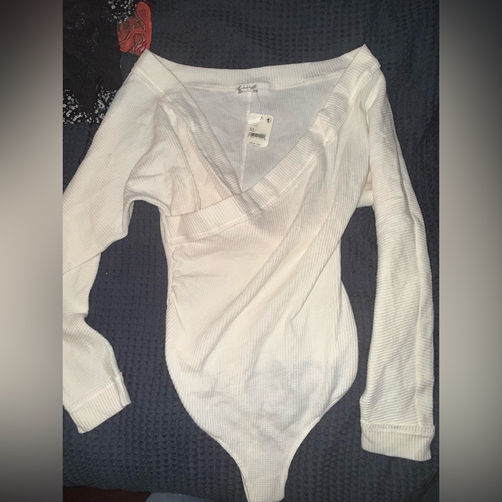 Free People Cream Wrap-Style Long Sleeve Bodysuit